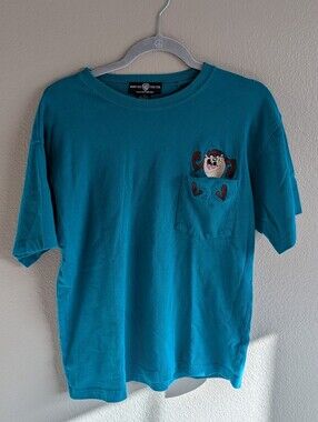 Vintage 1995 Taz Pocket T-Shirt Warner Bros Studio Store Teal Looney Tunes 1990s